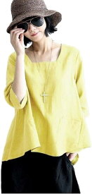 [1/2style (ニブンノイチスタイル)] 襟なし 大人 無地 綿麻 七分袖 とろみ シャツ ブラウス レディース(黄色, XL)