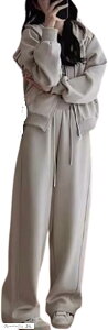 ジャージ レディース 上下 セットアップ フルジップ パーカー スウェット スエット カジュアル ロングパンツ ルームウェア 2点 (グレーベージュ, 2XL)