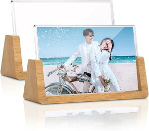 フォトフレーム 写真立て 2個セット 透明アクリル 木製スタンド 横置き プレゼント 高級 卓上 おしゃれ 178x127mm (透明, 178x127mm)