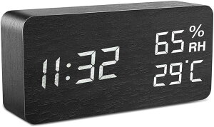 目覚まし時計 木製 大音量 デジタル 置き時計 温度湿度計( ブラック)