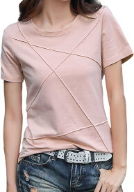 [フィオリア] tシャツ 半袖 カットソー クルーネック 無地 ラインデザイン 綿 Uネック ストレッチ レディース ピンク XL