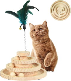 猫 おもちゃ 回転ボール 木製 3層 遊び盤 ぐるぐるボール 円盤 色ランダム 天然 羽つき 鈴 猫じゃらし付き MDM(三層円盤)