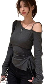 Y2K ワンショルダー トップス レディース 肩だし 長袖 Tシャツ カットソー スリット クロップド丈 韓国 トレンド 肩ひも アシンメトリー (グレー, M)