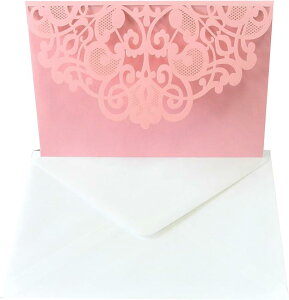 メッセージカード グリーティングカード レーザーカット ポケット付き 三つ折り レース風 封筒 白紙カード付き 結婚祝い パーティー 招待状 MDM(ピンク)