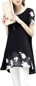 母の日 [アスペルシオ] レイヤード 花柄 シースルー チュニック 半袖 フリル レディース (XL) ブラック
