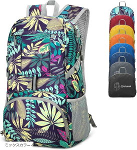 折りたたみリュック アウトドアバック チェストストラップ付き 防水 軽量 バックパック (ミックスカラー-葉, ミディアム)