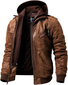 [FLAVOR] メンズ レザージャケット ライダースジャケット コート 本革 豚革 取り外し可能 フード付き 厚手 バイク(S, ブラウン)