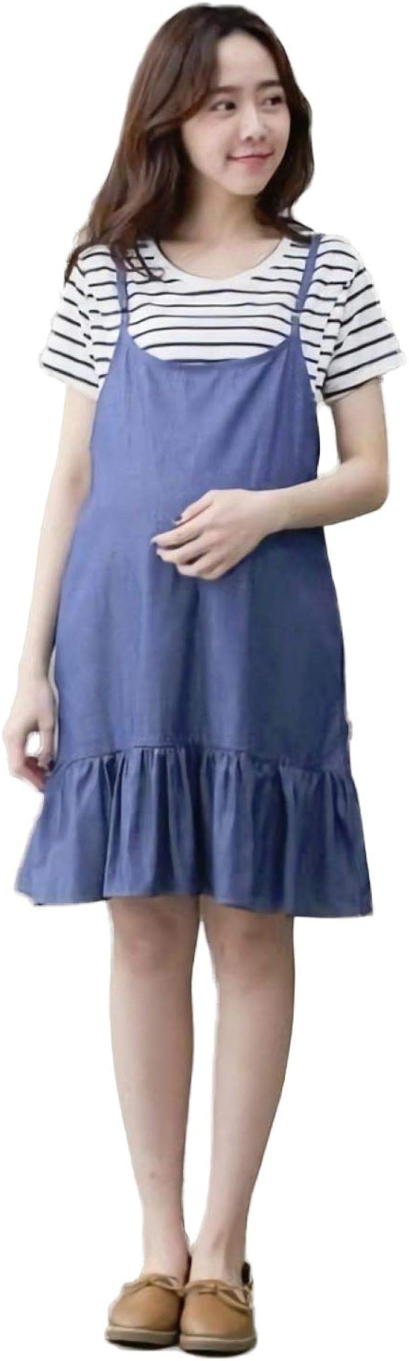 マタニティ ワンピースセット 妊婦 授乳服 産前産後 体型カバー シャツ デニム フリル( ブルー)