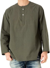 ゆったり 襟なし メンズ シャツ スリーピングシャツ ヘンリーネック プルオーバー (M, カーキグリーン)