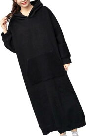 [ririka] [リリカ] ワンピース パーカー ロング フード 付き 裏 起毛 シンプル 無地 ポケット スウェット 暖かい 体型 カバー ゆったり カジュアル レディース (XL, 黒)