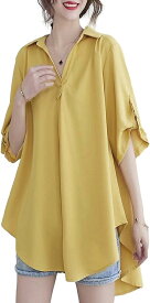 [ririka] [リリカ] シャツ ブラウス スキッパー 半袖 襟付き ゆったり オフィス カジュアル レディース(M, 黄色)