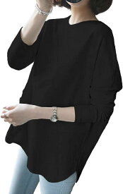 レリカ カットソー トップス ロンt チュニック tシャツ ゆったり 無地 シンプル レディース( ブラック, M)