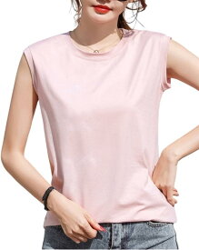 ノースリーブ Tシャツ 無地 タンクトップ 速乾 涼しい ストレッチ フレンチスリーブ 夏服 トップス レディース( ピンク, XL)