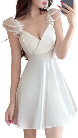 【全品P5倍★4/24 20時～】カシュクール レース タイト セクシー フレア ミニ ワンピース キャバ嬢 ドレス パーティー フリル スカート ワンピ 半袖 ノースリーブ パット付き (L, ホワイト)