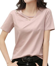 半袖 vネック デザイン tシャツ レディース アシンメトリー アシメカットソー シンプル( ピンク, XL)