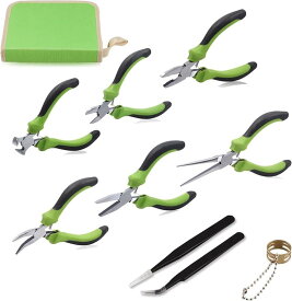 手芸用工具 6点セット ピンセット2種 収納袋付 手芸用ペンチセット 平ヤットコ 先曲ラジオペンチ ニッパー 喰切 先細ラジオペンチ マイクロペンチ アクセサリー工具 スターターキット 初心者セット 精密作業 (グリーン)