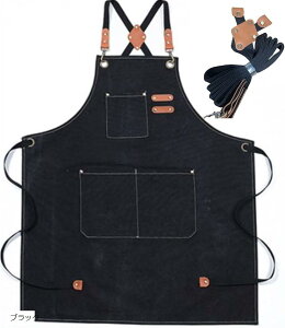 エプロン DIY 作業エプロン 厚手綿 防水 前掛け アウトドア カフェ ポケット付き 男女兼用(ブラック, Free Size)