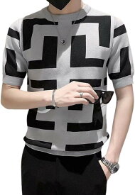 ニットTシャツ 幾何学模様 ジオメトリック ラインデザイン (XL, グレー)