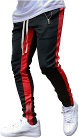 ジョガーパンツ ジャージ メンズ 裾ジッパー スウェット スリム フィット ストレッチ ブラック＆レッド( ブラック/レッド, XL)