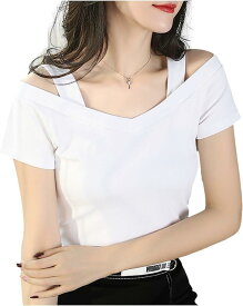 半袖シャツ オフショル Tシャツ レディース Vネック T ショート丈 カットソー トップス ストレッチ (L, ホワイト)