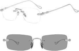 ブルーライトカット メガネ 調光 変色 リムレスメガネ パソコン用 ビジネス 2Way仕様 軽量 UV90％以上 silver