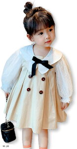 ベビー ワンピース フォーマル リボン バルーンスリーブ レース 長袖 キッズ 入園式 卒園式 結婚式 女の子(90, 90)