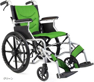 車椅子 折り畳み式 アルミ製 介助・自走 兼用 簡易 コンパクト 介助ブレーキ付 収納ポケット付き (グリーン)