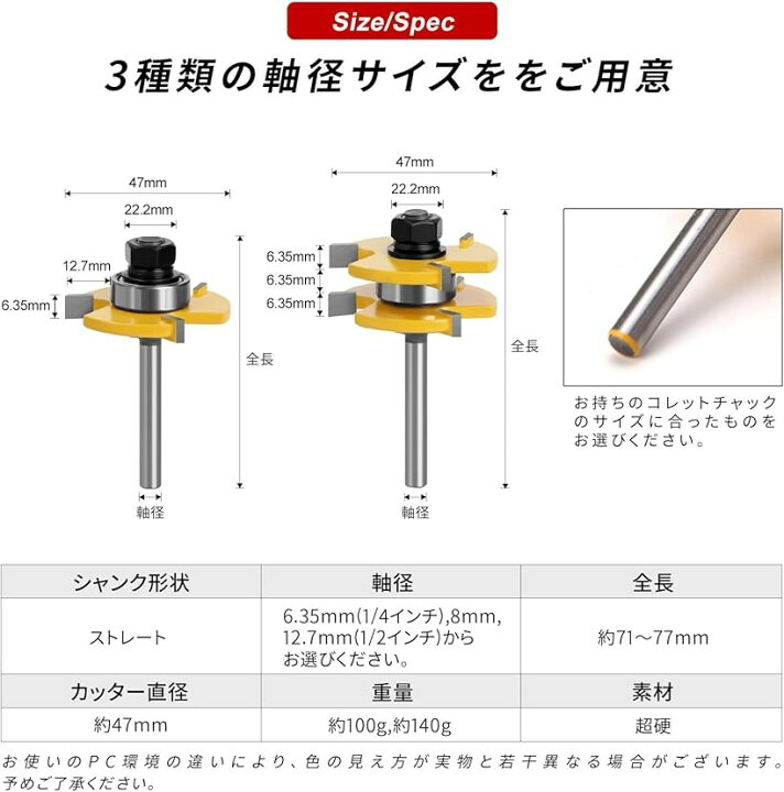 楽天市場】トリマー ビット セット t型 ほぞ カッター 溝 6.35mm 超硬 