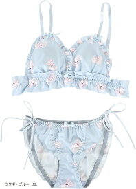 大きいサイズ ゆめかわ フリフリ ノンワイヤー ブラ ショーツ セット(ウサギ・ブルー, XL)