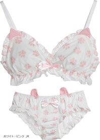 大きいサイズ ゆめかわ フリフリ ノンワイヤー ブラ ショーツ セット(ホワイト・ピンク, M)