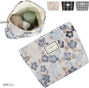 化粧ポーチ 大きめ 大容量 コンパクト 薄型 おしゃれ かわいい 軽量 メイク コスメ 花柄ブルー (花柄ブルー)