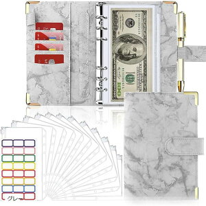 【楽天ランキング1位入賞】家計管理 ポーチ 家計簿 予算バインダー ファイル ポケット12個付き お金管理 予算管理 大理石 A6 グレー (グレー)