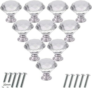 【楽天ランキング1位入賞】引き出し ノブ 取っ手 つまみ ハンドル クリスタルガラス ネジ付き 20mm幅 10個セット ダイヤモンド形 クリアー 家具 装飾 インテリア (クリアー, 20mm)