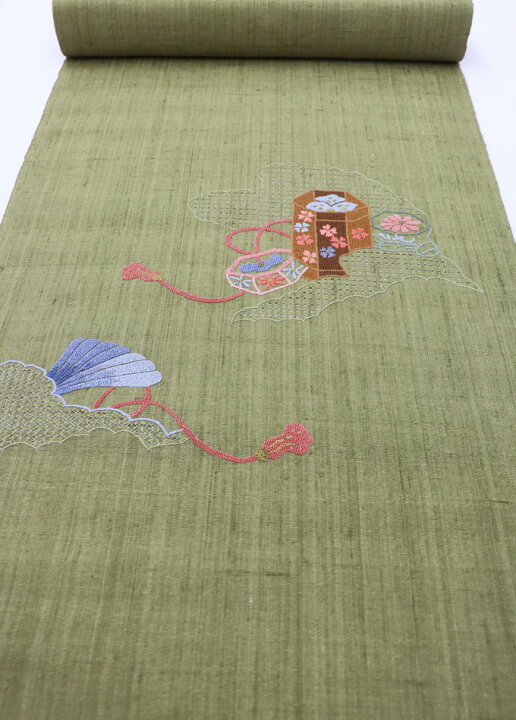 楽天市場】【汕頭刺繍】新品 未仕立て◇九寸名古屋帯◇カーキグリーン 