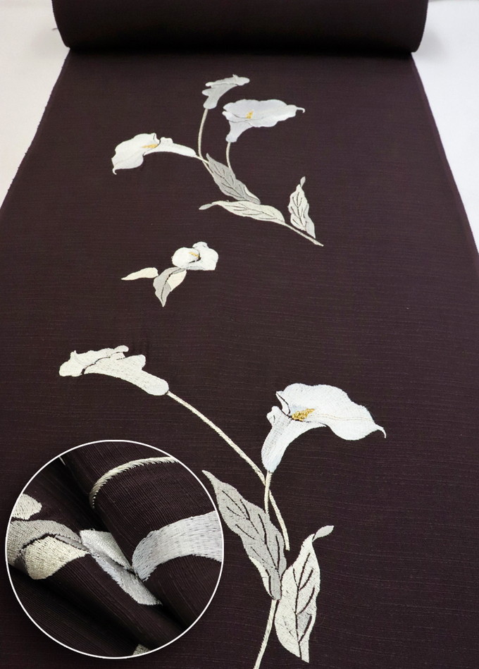 【刺繍入】反物◆附下 正絹【丹後ちりめん】◆ブラウン系地 季節の花◆巾約37.5cm