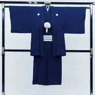 【中古特価】男性着物＋紋付羽織セット◇紺青色・ネイビー系　違い鷹の羽◆正絹※角帯と羽織紐は付属しま…