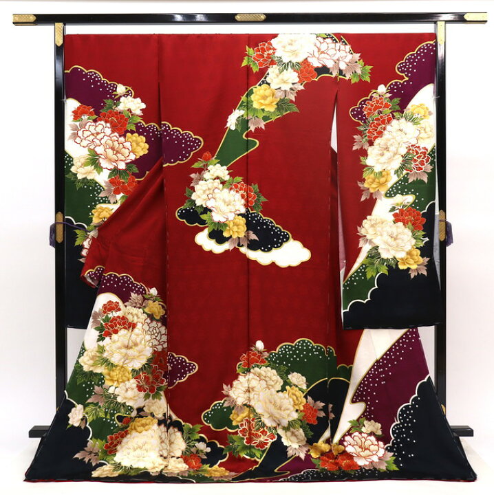 楽天市場】☆未仕立て 新品振袖 仮絵羽【丹後ちりめん】◎深い赤地×黒 