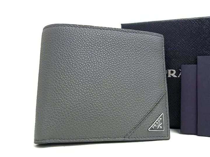 PRADA 二つ折り財布 グレー レザー 