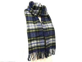 ■美品■ THE SCOTCH HOUSE スコッチハウス ウール100％ チェック柄 フリンジ マフラー ストール 防寒具 メンズ グリーン系 DG2081