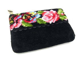 ■美品■ FEILER フェイラー パイル フラワー 花柄 ポーチ マルチケース 小物入れ レディース ブラック系×マルチカラー DH5568