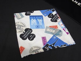 ■新品同様■ CHANEL シャネル ココマーク エアライン シルク100% スカーフ ストール ショール ホワイト系×マルチカラー FT8962