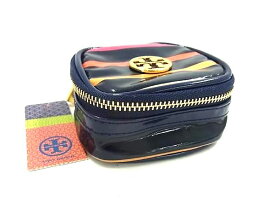 ■美品■ TORY BURCH トリーバーチ コーティングキャンバス ポーチ マルチケース 小物入れ ネイビー系×レッド系 DK7353