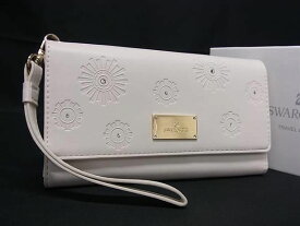 ■極美品■ SWAROVSKI スワロフスキー レザー ラインストーン 三つ折り 長財布 ウォレット レディース アイボリー系 BF7080
