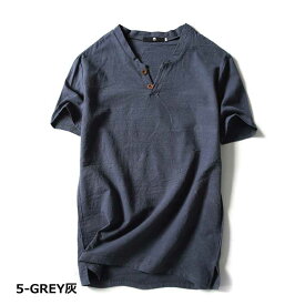 ヘンリーネック 麻 Tシャツ 麻シャツ メンズ 春夏ボタンTシャツ 半袖 全6色 M-5XL