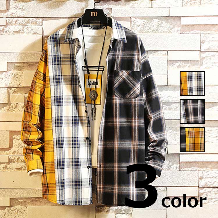 カラフルな3色使いのパッチワークデザインシャツ 期間限定セール YELLOWクレイジーチェックシャツ カジュアルシャツ カラー 長袖 3color パッチワーク メンズ クレイジーパターン 超安い 祝日 M-3XL