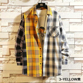 【現品処分セール】YELLOWクレイジーチェックシャツ カジュアルシャツ カラー 長袖 メンズ クレイジーパターン パッチワーク 3color M-3XL