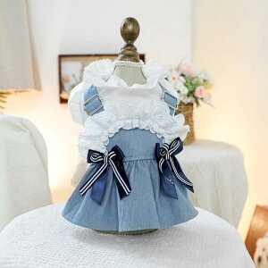 犬 ペット用 デニム ワンピース 服 散歩 フリル リボン かわいい おしゃれ 女の子 小型犬 猫 チワワ プードル 着せやすい サロペット ライトブルー マリン風 春夏 夏用 撮影会 イベント お散