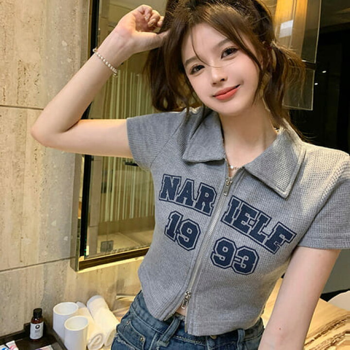 楽天市場】レディース トップス Tシャツ 夏 韓国 半袖 ジッパー レトロ 