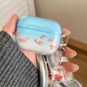 Airpods ケース カバー 金魚 水槽 アクアリウム 水色 かわいい 夏 夏祭り 日本 グラデーション おしゃれ 和柄 おもしろ チャーム付き pro 第1世代 第2世代 第3世代 第4世代 pro3 ワイヤレス イヤホ