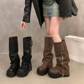 ブーツ レディース 靴 大人 冬 ロングブーツ 厚底 Y2K ギャル かわいい ベルト バックル ジッパー 黒 ブラウン レザー 合皮 おしゃれ ごつい ウエスタン